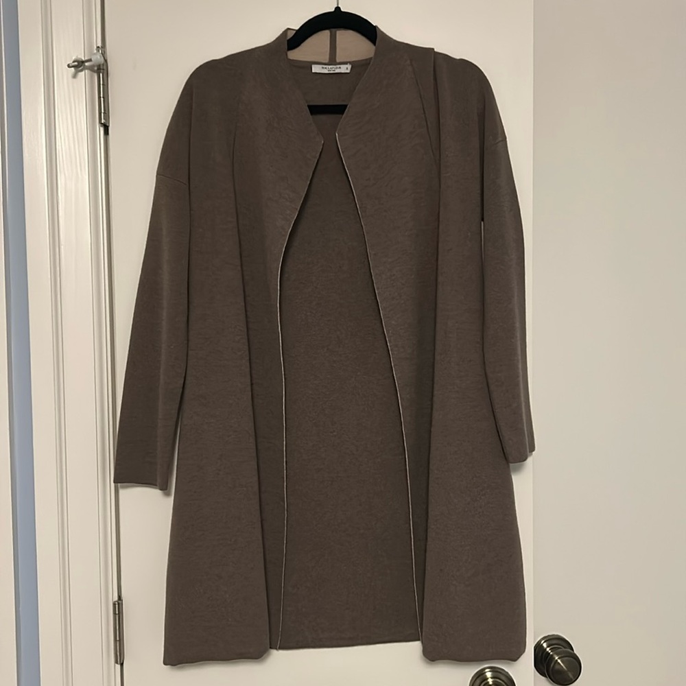 MM Lafleur collarless long belted wool cardigan, size S